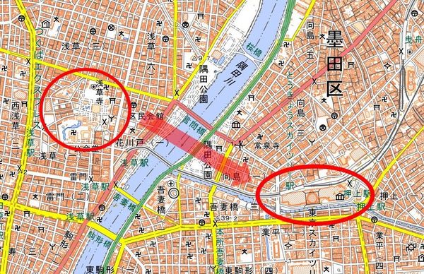 ↑東京スカイツリーは隅田川の東にあります。『国土地理院』地図より作製